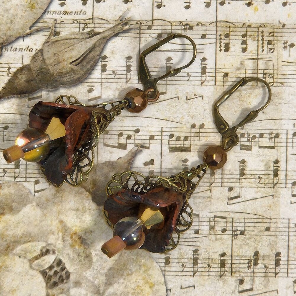 Brown Gold Bronze Hand Painted Lucite Flower Earrings, Crystal, Filigree